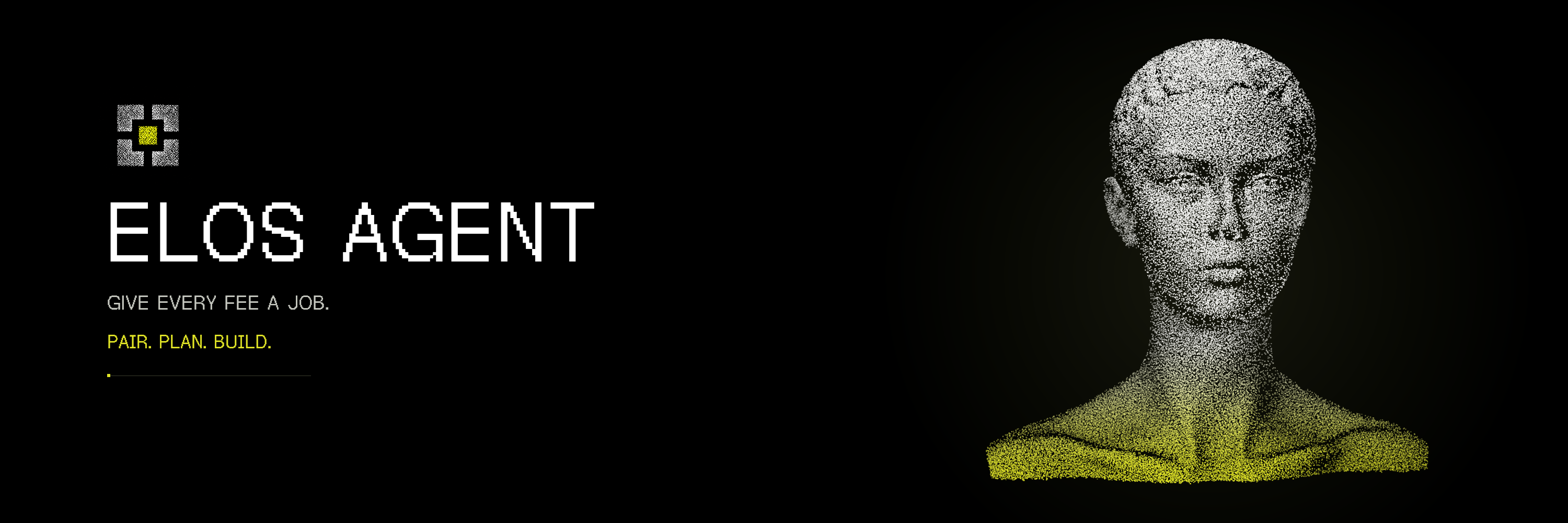Elos Agent banner featuring the site's 3D point-cloud bust in white and signal yellow on black