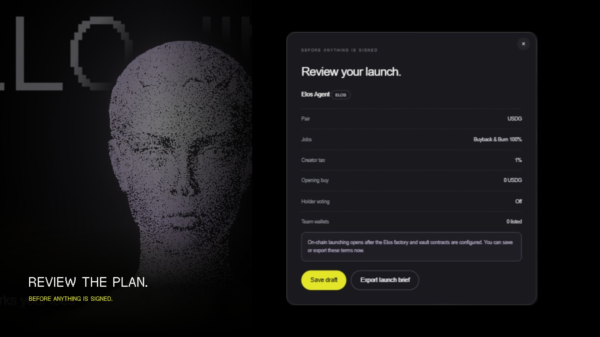 The Elos 3D character next to the actual launch-plan review screen.